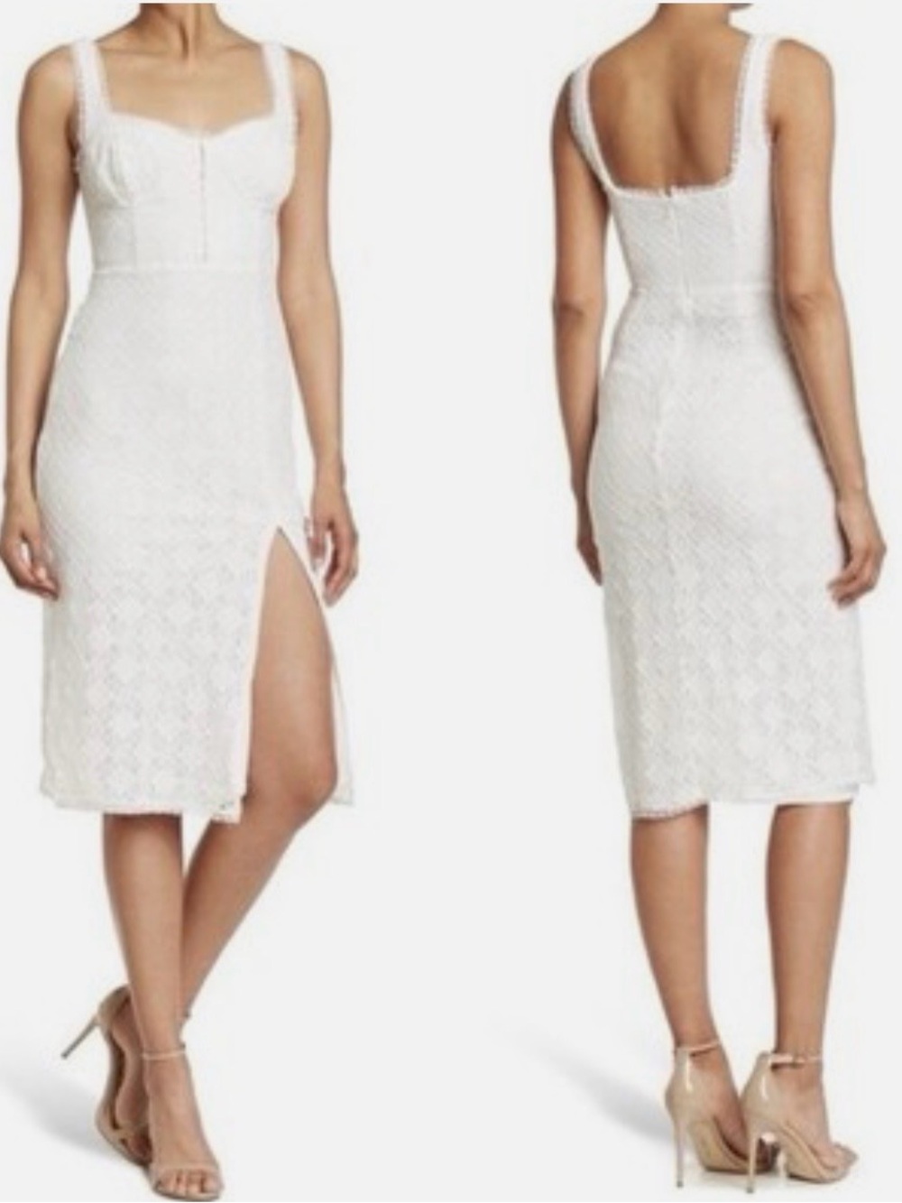 Astr the Label White Lace Midi Dress with Square Neck and Side Slit